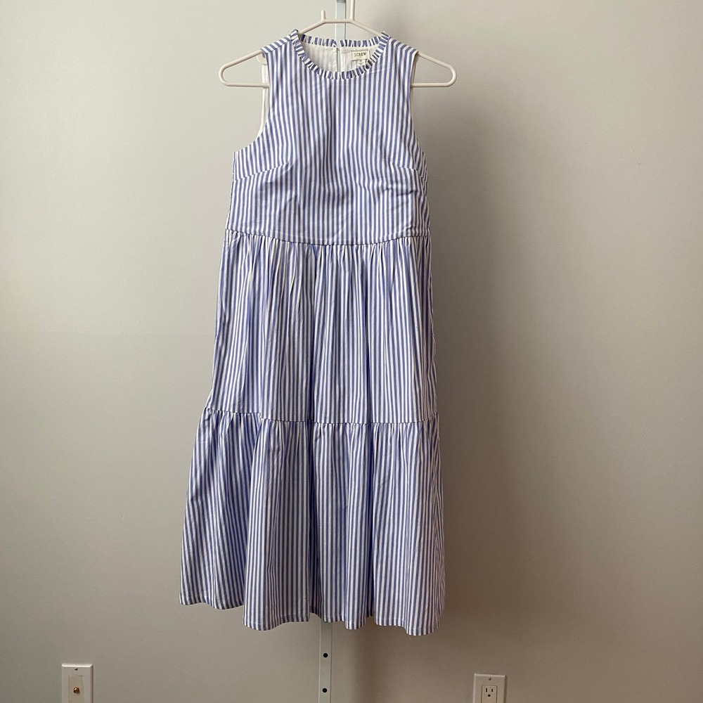 J.Crew 0 Blue White Striped Tiered Midi Dress Ruffle Neck Cotton Poplin